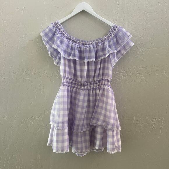 Majorelle $178 Purple gingham Off Shoulder Ruffle Mini Dress - Picture 4 of 6
